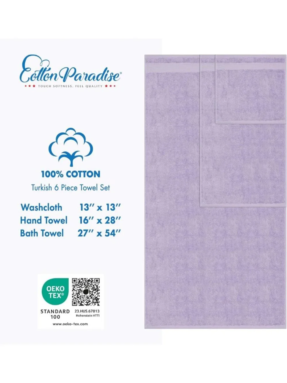 Soft Absorbent 100% Cotton Turkish Towel Set, Quick Dry, 6 Pieces, Lilac